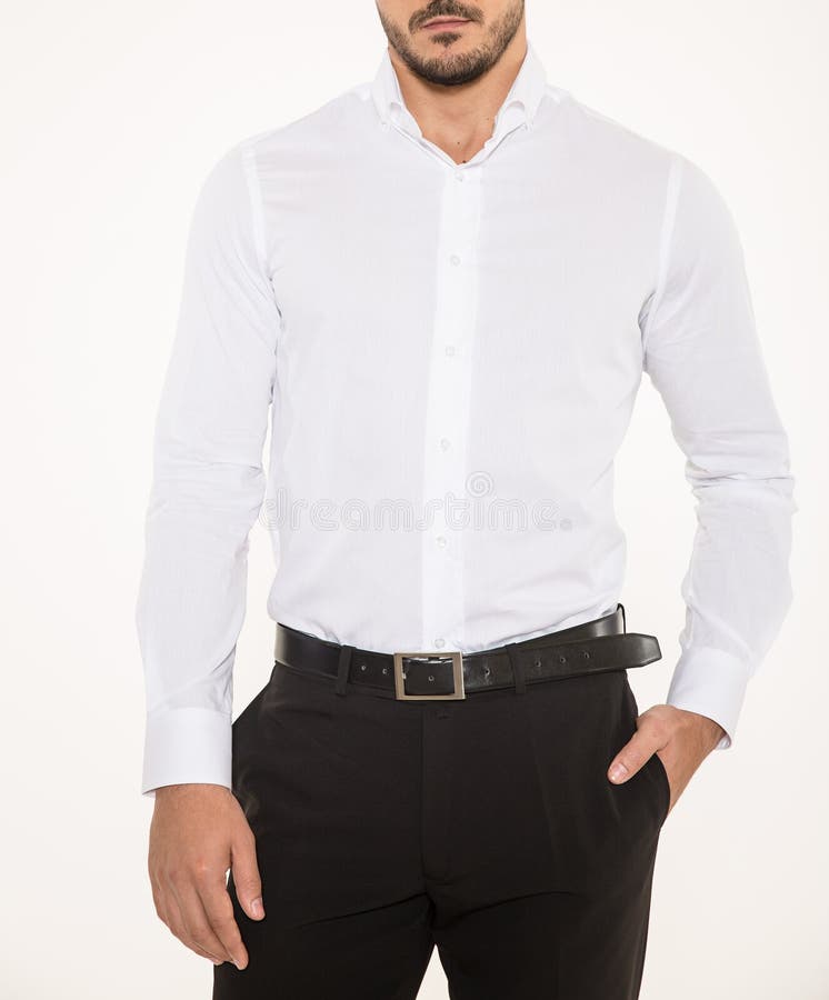 Male model with elegant black pants, belt and white shirt