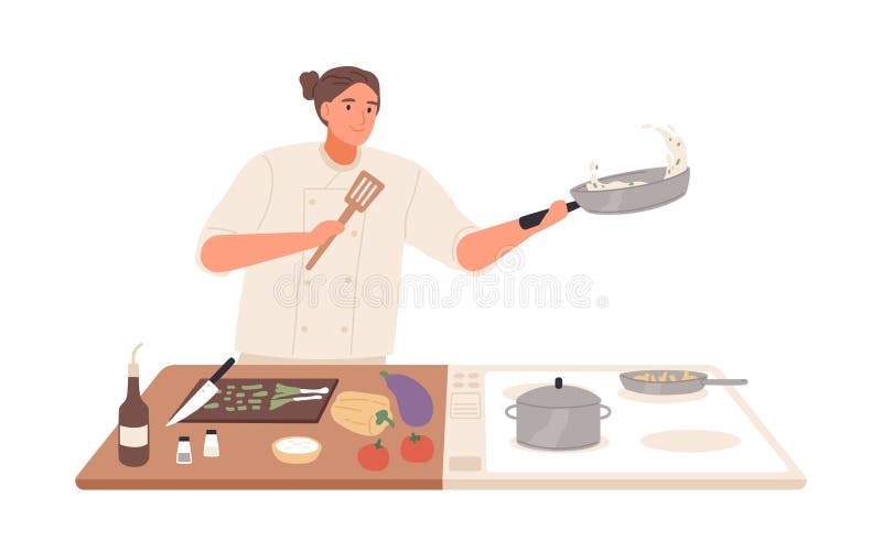 Male professional chef cooking food at kitchen of restaurant vector flat illustration. Smiling man preparing vegetables