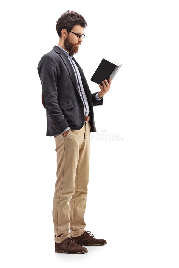 Male Professor Standing and Reading a Book Stock Photo - Image of pose ...