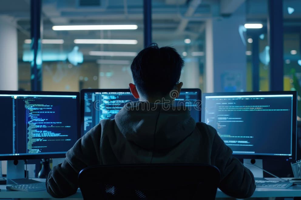 Male Programmer Coding in a Dark Room with Dual Monitors Stock ...