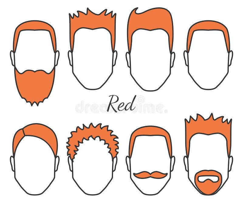 Male red hair and face fungus styles types, different hair cut, moustaches and beard, man head with red hair, guy crop