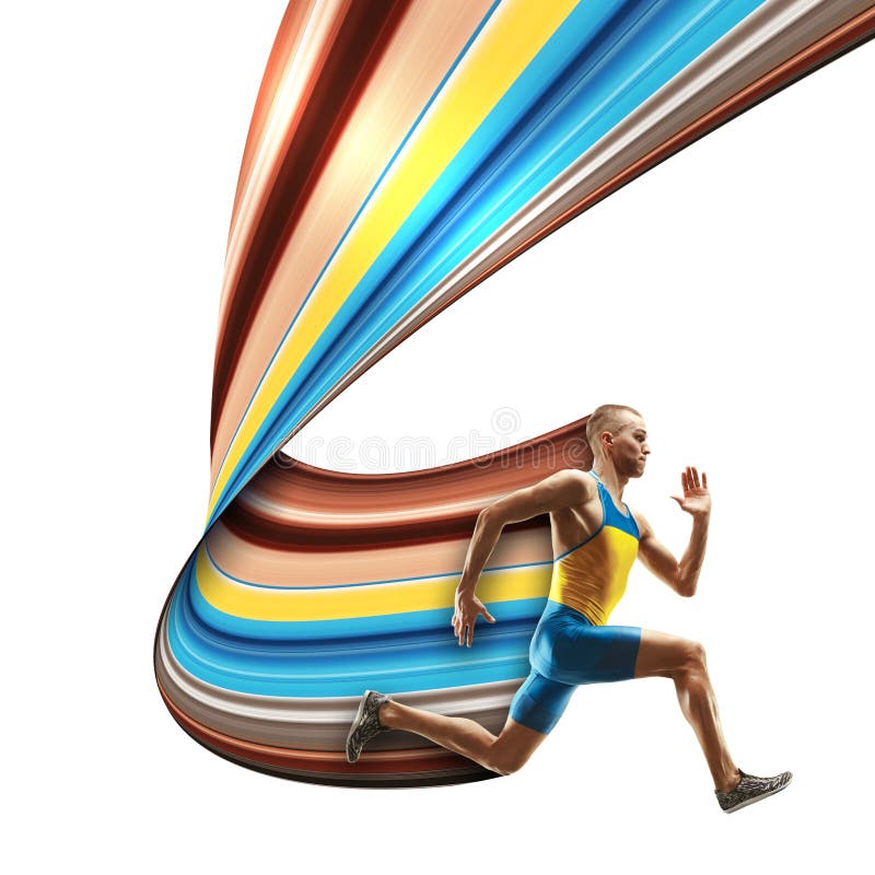 Male runner in motion , running against white background with dynamic, colorful abstract element behind him. Pixel stretch effect royalty free stock photos