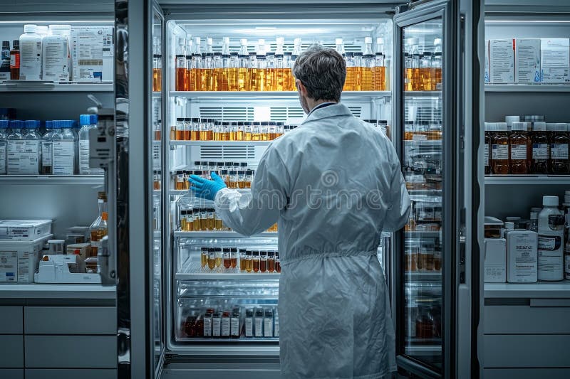 A male scientist picks up a bottle from the refrigerator in the laboratory stock photo