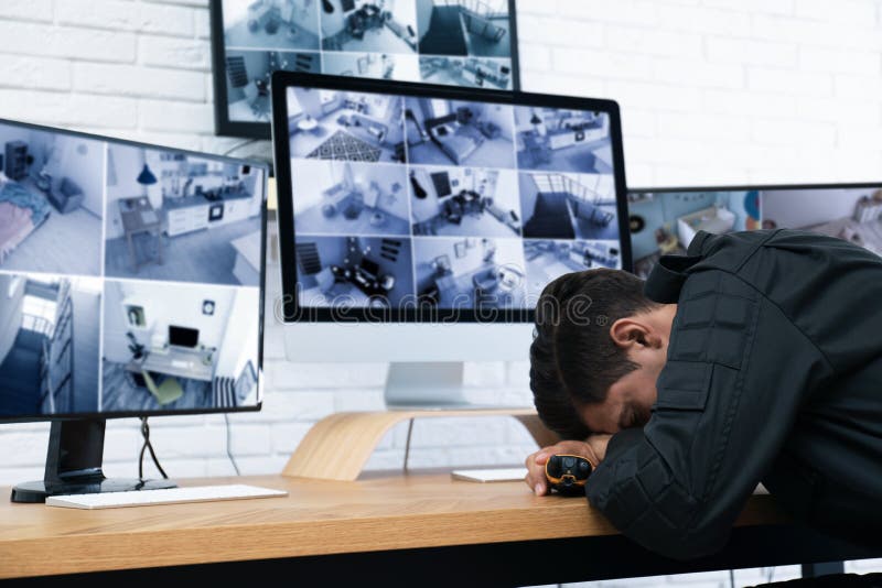 Male Security Guard Sleeping Near Monitors Stock Image Image of cctv