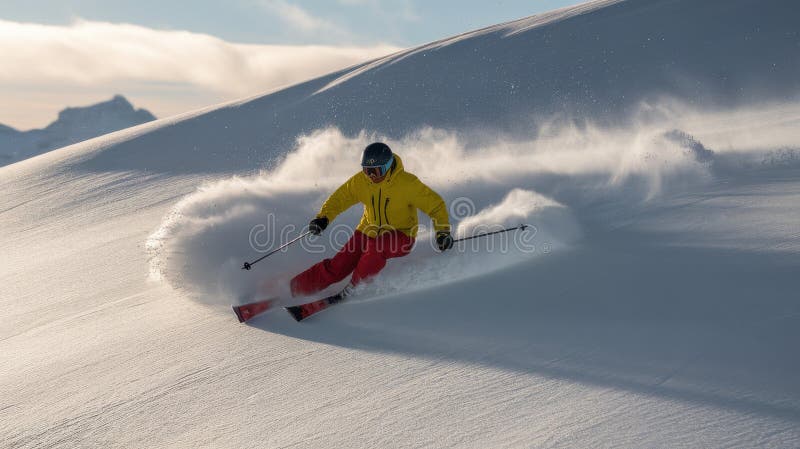 Male skier i gula jackan med färsk snö på en ljus vinterdag. stock illustrationer