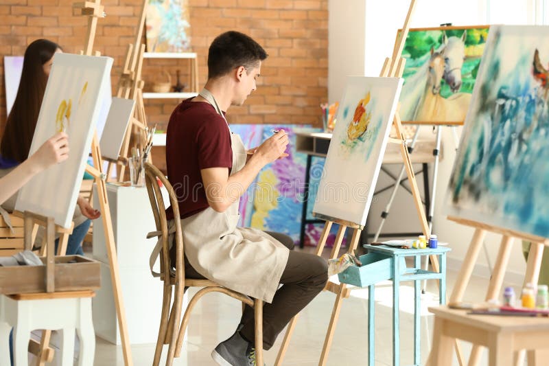 Male Student during during Classes in School of Painters Stock Image