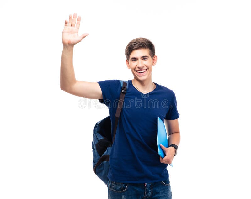Šťastný samec držení desky zobrazené pozdrav gesto izolované na bílém pozadí.
