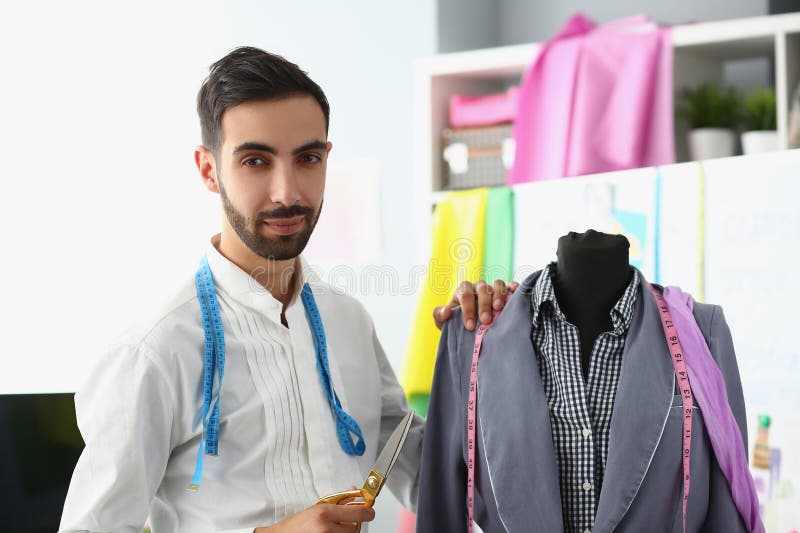 Male Stylist Designer Holding Scissors Next To Mannequin Stock Image ...