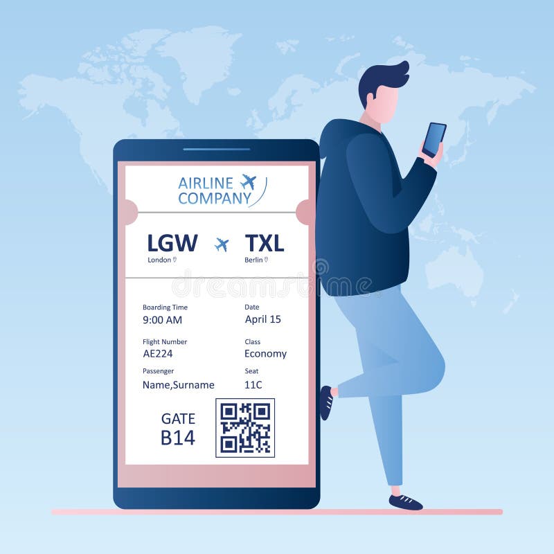 Male traveller with smartphone,online check-in,Airline boarding pass ticket with barcode code stock illustration