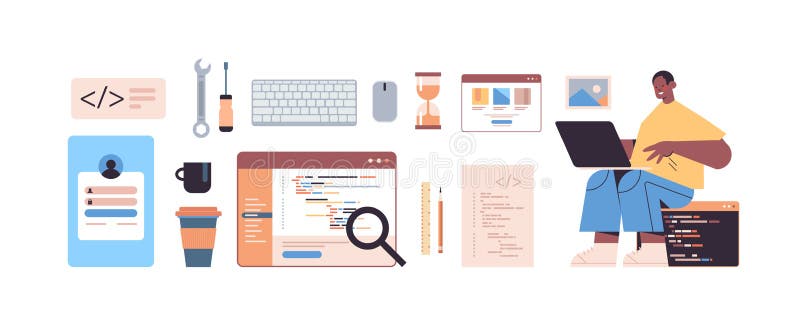 Male web developer using laptop creating program code development of software and programming icons set full length horizontal vector illustration
