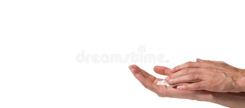 Male working hands put on a moisturize cream for soft skin isolated on a white background, beauty concept