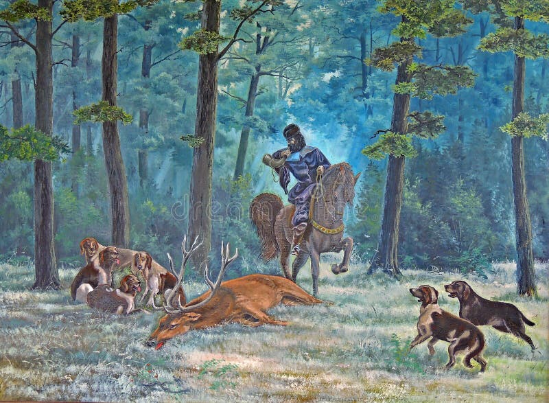 Malereiöl Jagd für ein Rotwild mit Jagdhunden in einer Eichenwaldung vektor abbildung Malereiöl Jagd für ein Rotwild mit Jagdhunden in einer Eichenwaldung vektor abbildung