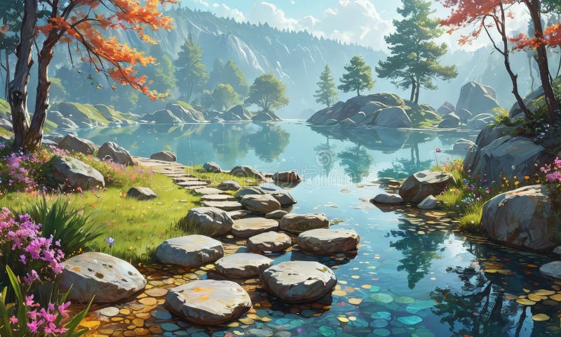 Malerischer Fluss umgeben von Felsen und Bäumen lizenzfreie abbildung