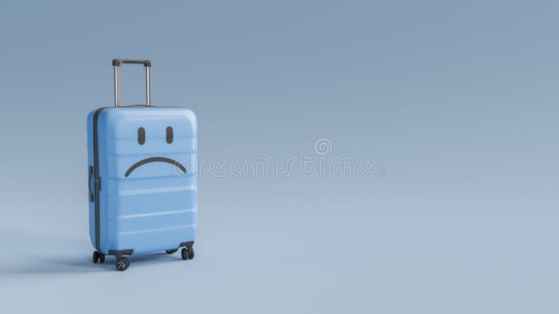 Maleta azul con cara triste que expresa sensación de lunes azul. Maleta azul con cara triste sobre fondo azul. terapia de viaje de lunes a día azul 3d renderización