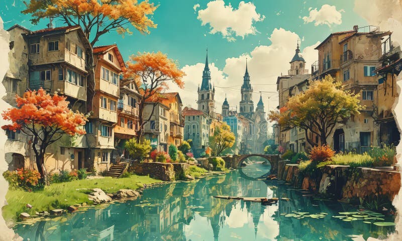Malfluss in Kleinstadt stock abbildung