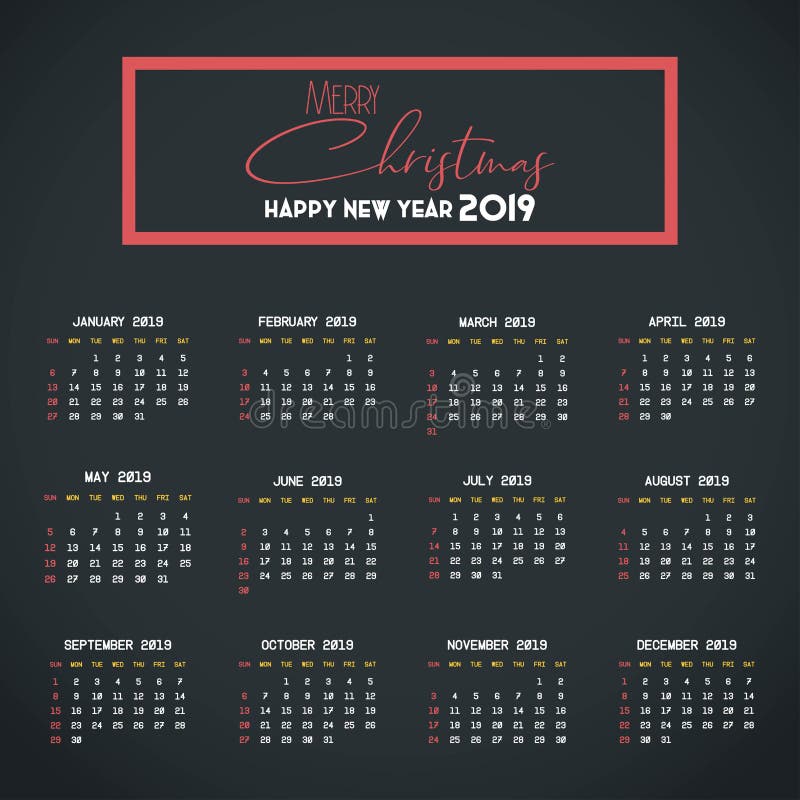 Mall f?r 2019 kalender Jul och lycklig bakgrund f?r nytt ?r royaltyfri illustrationer Mall f?r 2019 kalender Jul och lycklig bakgrund f?r nytt ?r royaltyfri illustrationer