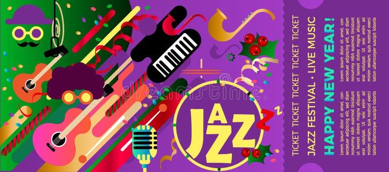 Mall för biljetten av jazzfestivalen med musikinstrument Färgrik festival av jazzmusik Mus för jul och för nytt år stock illustrationer Mall för biljetten av jazzfestivalen med musikinstrument Färgrik festival av jazzmusik Mus för jul och för nytt år stock illustrationer