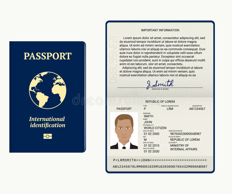Mall för internationell passvektor. falsk sida med personuppgifter vektor illustrationer