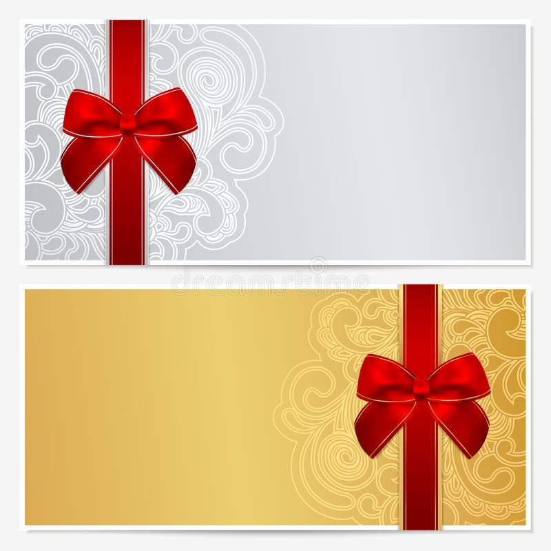 Voucher, Gift certificate, Coupon template with border, frame, bow (ribbons). Background design for invitation, banknote, money design, currency, check (cheque). Vector in gold, silver colors. Voucher, Gift certificate, Coupon template with border, frame, bow (ribbons). Background design for invitation, banknote, money design, currency, check (cheque). Vector in gold, silver colors