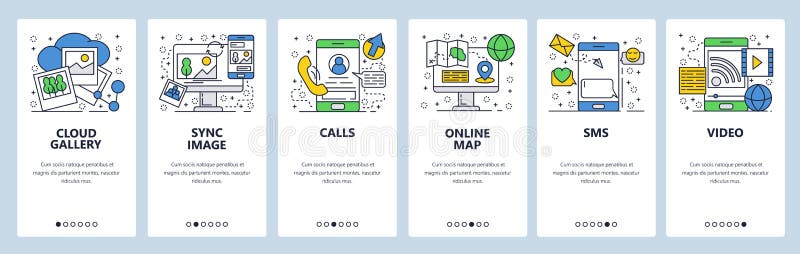Mall för skärmar för linjär konst för vektorwebbplats onboarding stock illustrationer
