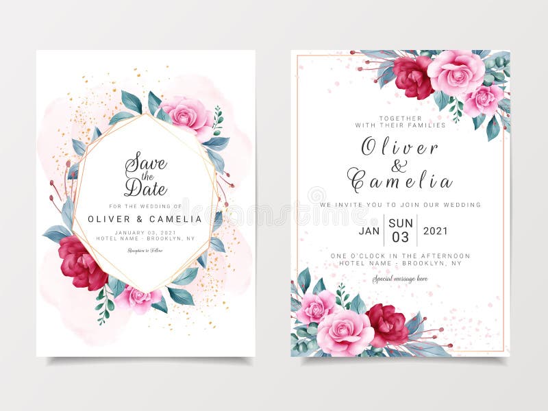 Mall för vackert bröllopsinbjudningskort med geometrisk florram och guldglitter Rosor och blad botaniska illustrationer vektor illustrationer