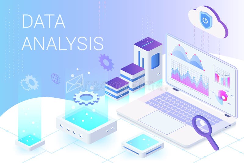 Mall för vektor för baner för rengöringsduk för dataanalys isometrisk royaltyfri illustrationer Mall för vektor för baner för rengöringsduk för dataanalys isometrisk royaltyfri illustrationer