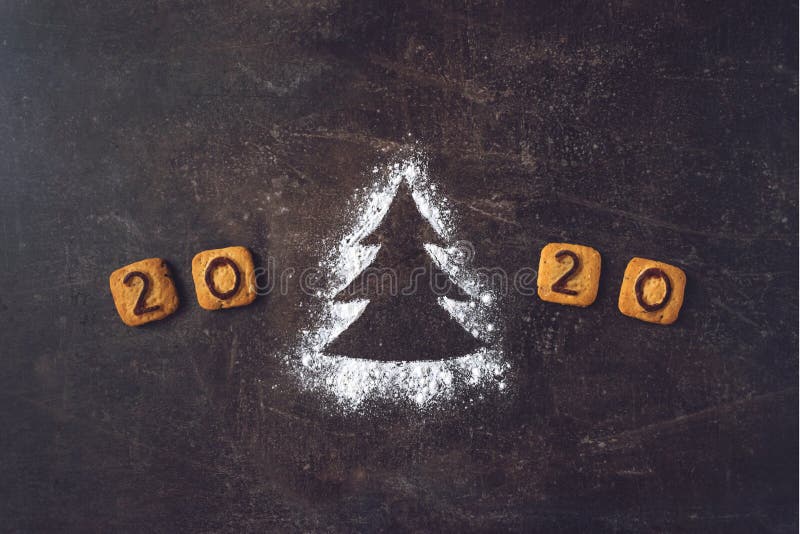 Flour Silhouette Christmas Tree with cookies digits 2020 on dark background with copy space. delicious bakery sweet confectionery Christmas card. Idea of merry new year xmas 2020 holiday, happy, art, bright, brown, celebrations, decor, decoration, festive, holidays, number, objects, old, ornaments, pack, retro, seasons, set, sigh, sign, star, style, symbol, texture, twine, vintage, winter, wooden. Flour Silhouette Christmas Tree with cookies digits 2020 on dark background with copy space. delicious bakery sweet confectionery Christmas card. Idea of merry new year xmas 2020 holiday, happy, art, bright, brown, celebrations, decor, decoration, festive, holidays, number, objects, old, ornaments, pack, retro, seasons, set, sigh, sign, star, style, symbol, texture, twine, vintage, winter, wooden