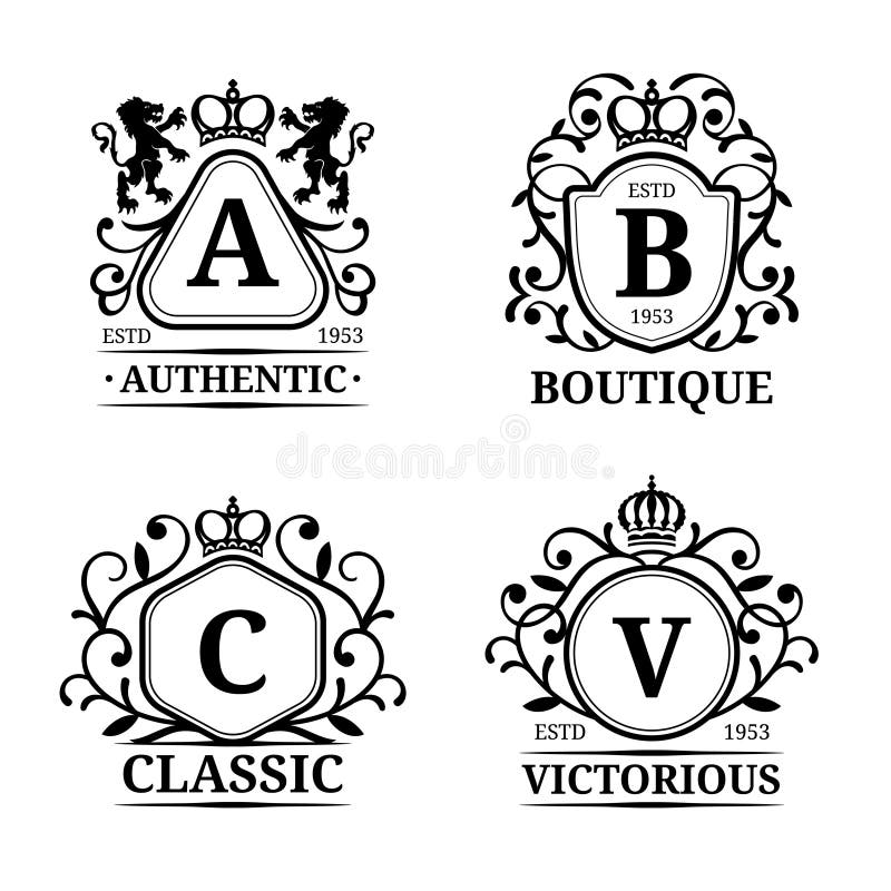 Mallar för vektormonogramlogo Lyxig bokstavsdesign Behagfulla tappningtecken med krona- och lejonillustrationen stock illustrationer Mallar för vektormonogramlogo Lyxig bokstavsdesign Behagfulla tappningtecken med krona- och lejonillustrationen stock illustrationer