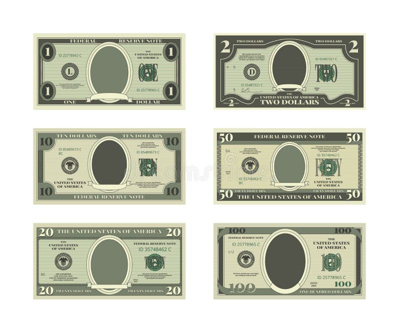 Mallen av fejkar pengar Vektorbilder av dollar