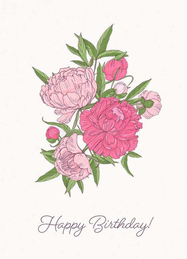 Mallen för födelsedaghälsningkortet med gruppen av ursnygga blommande pionblommor räcker utdraget på vit bakgrund elegantt royaltyfri illustrationer Mallen för födelsedaghälsningkortet med gruppen av ursnygga blommande pionblommor räcker utdraget på vit bakgrund elegantt royaltyfri illustrationer