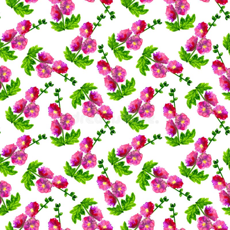 Pink purple mallow with leaves. Seamless pattern. Hand drawn watercolor. Texture for print, fabric, textile, wallpaper. Pink purple mallow with leaves. Seamless pattern. Hand drawn watercolor. Texture for print, fabric, textile, wallpaper.