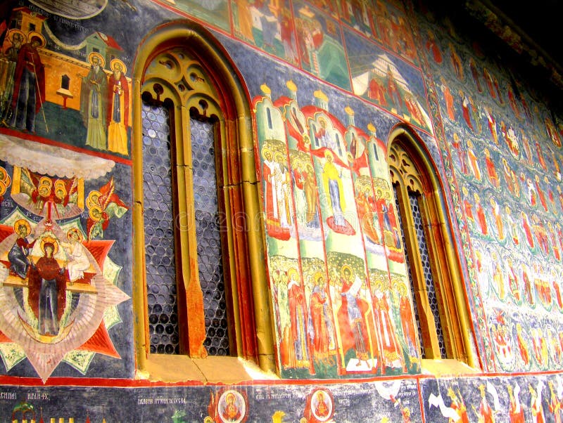 Malować ściany Sucevita monaster, Moldavia, Rumunia zdjęcie stock Malować ściany Sucevita monaster, Moldavia, Rumunia zdjęcie stock