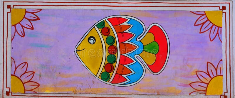 Malowidło kolorowe zabawne ryby na ścianie ulicy