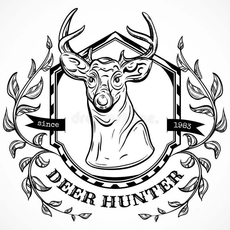 Malplaatje van het het etiketontwerp van de hertenjager het vector Hand getrokken hoofd van herten met bladeren en lint Het eleme royalty-vrije illustratie Malplaatje van het het etiketontwerp van de hertenjager het vector Hand getrokken hoofd van herten met bladeren en lint Het eleme royalty-vrije illustratie