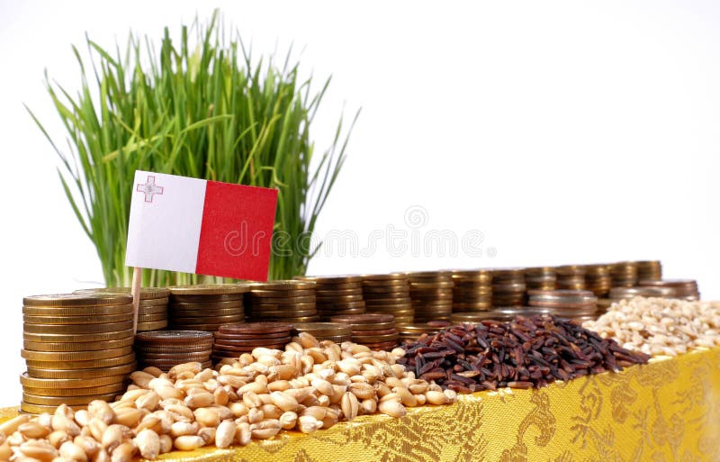Malta flag waving with stack of money coins and piles of wheat