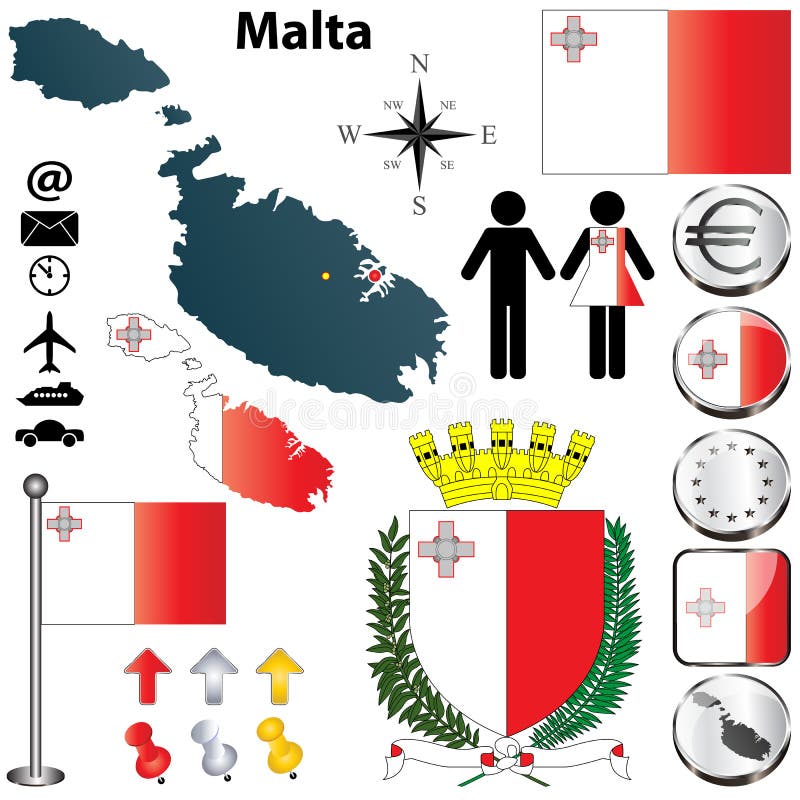 Vector set of Malta country shape with flags, buttons and icons isolated on white background. Flag malta vector vectors