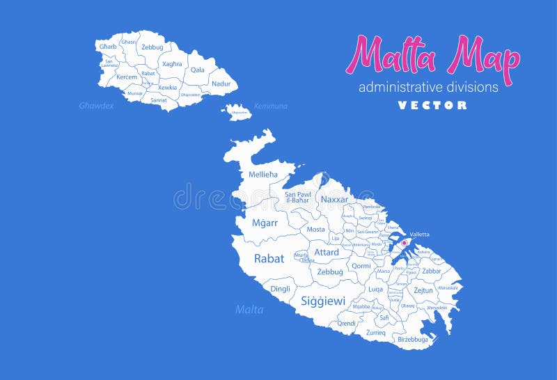 Malta Map, Administrative Divisions Whit Names Regions, Blue Background