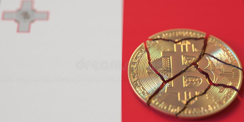 Maltas och brutet bitmynts flagg. kryptovalutaförbud eller krypto juridiska frågebegrepp 3d-rendering vektor illustrationer
