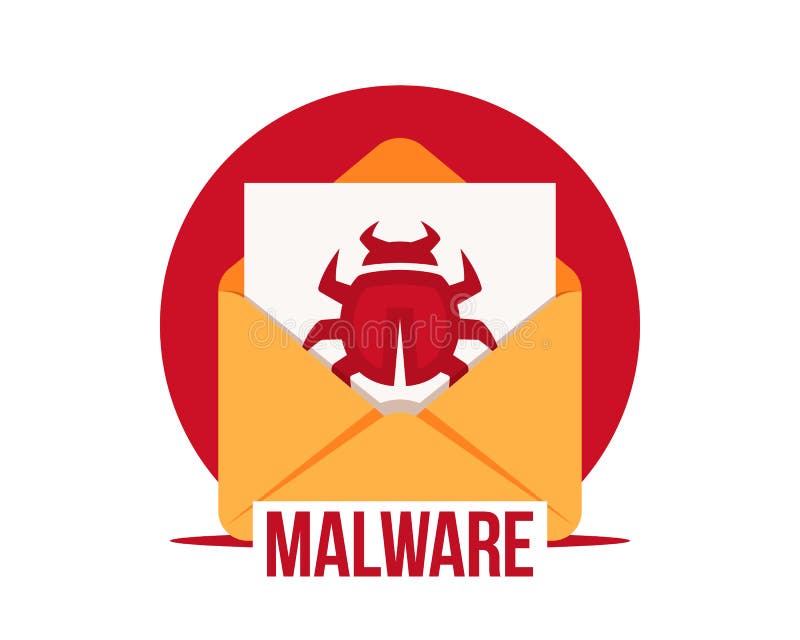Malware by email vector icon. Virus in the letter. Virus, malware, email fraud, e-mail spam, phishing scam, hacker attack concept