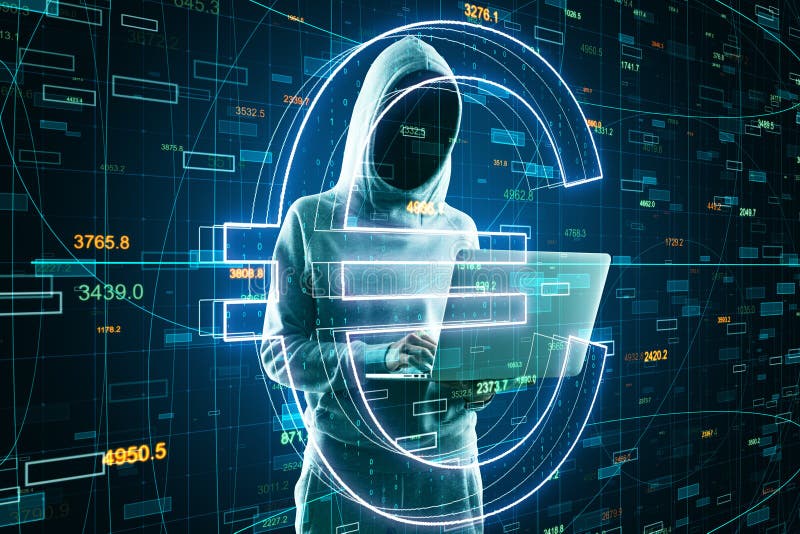 Malware and hacking concept with no face hacker and euro sign financial background stock photo