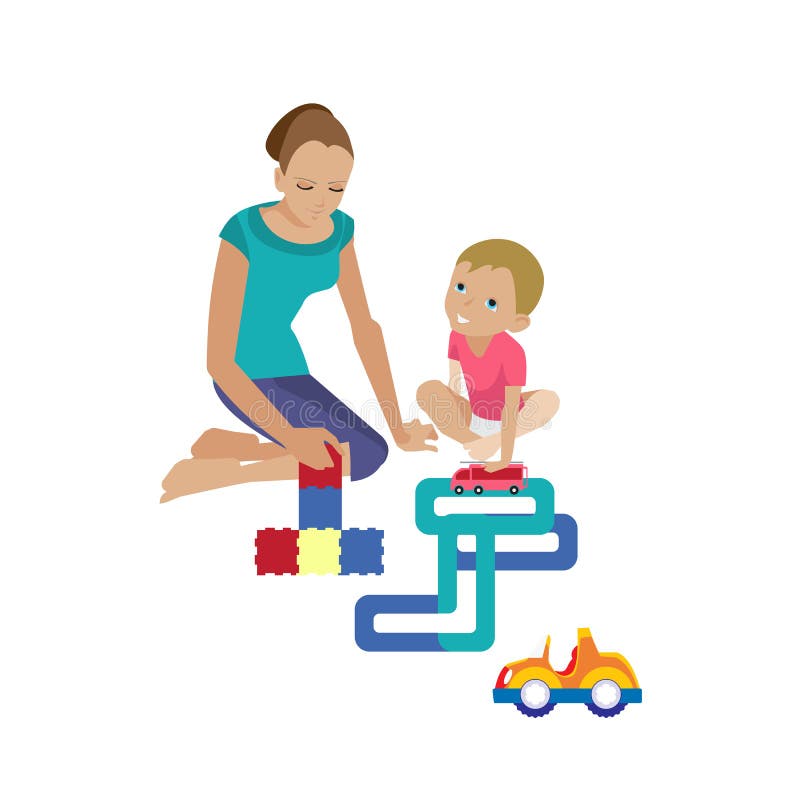 Mama bawić się z dzieckiem, pomagać gromadzić konstruktora, bawić się w maszynach ilustracja wektor Mama bawić się z dzieckiem, pomagać gromadzić konstruktora, bawić się w maszynach ilustracja wektor