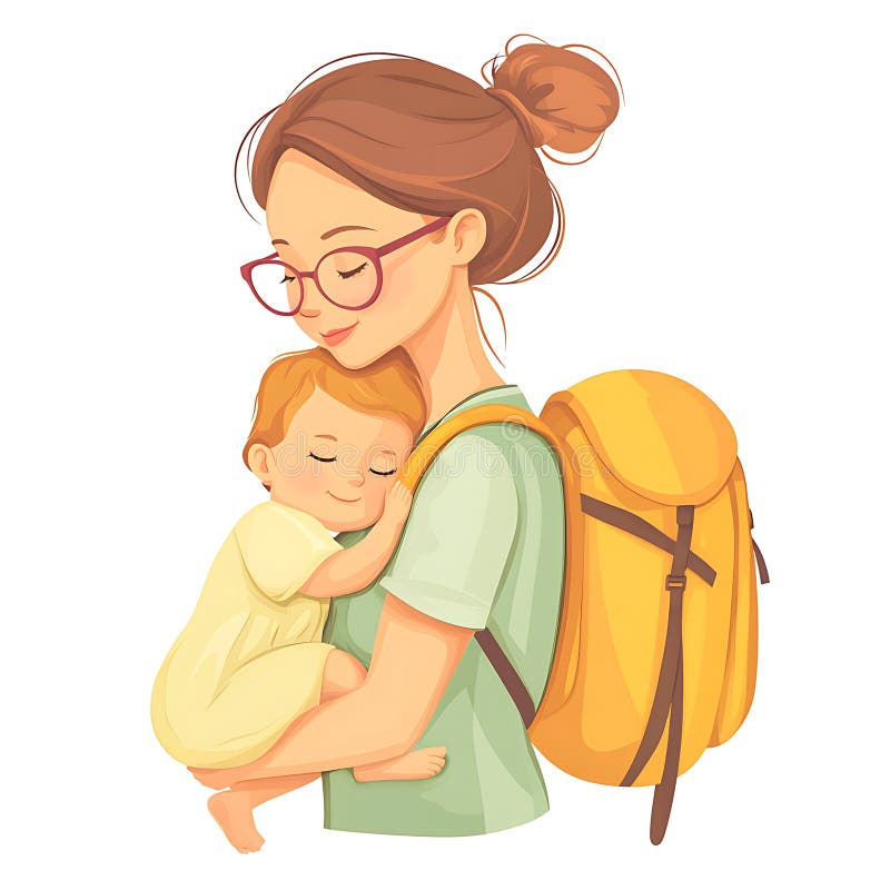 Mama Tandră Care Ține Copilul Adormit Aproape Culorile Pastel Galben Rucsac Digital Illustration royalty free illustration