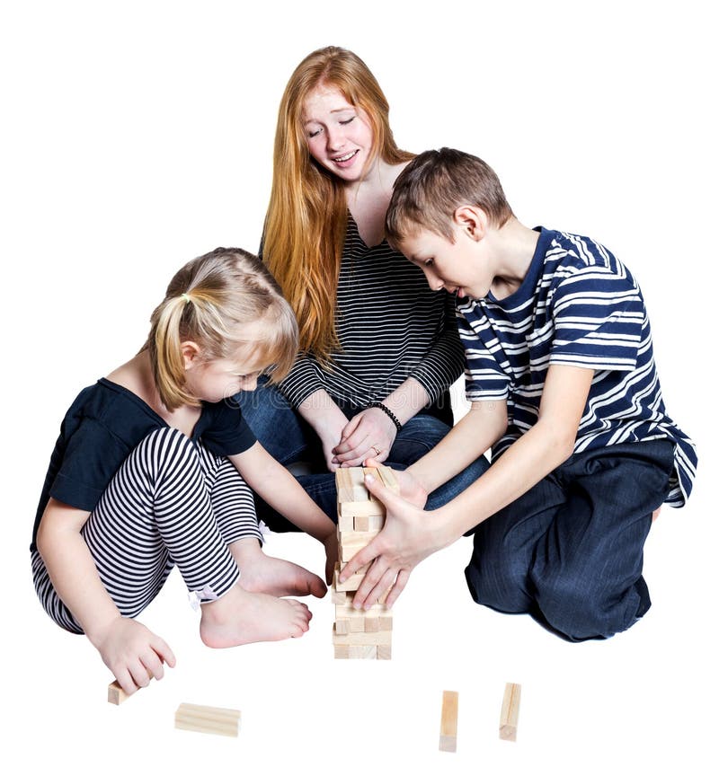 Mama And Two Kids Play Together On White Background Stock Image Image
