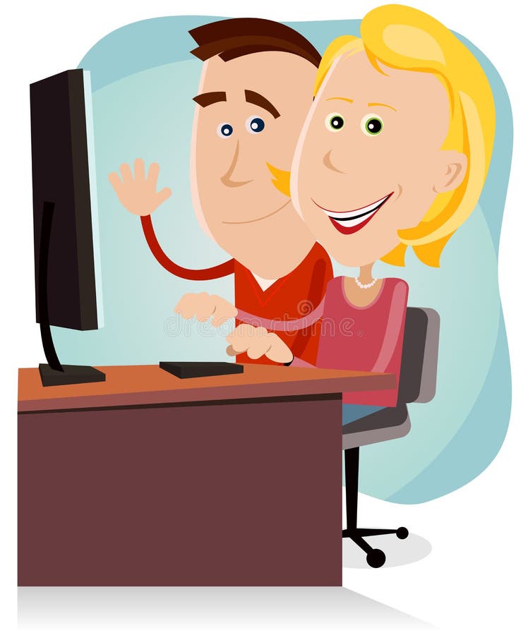 Mama și tata fericiți care lucrează pe calculator desktop stock illustration