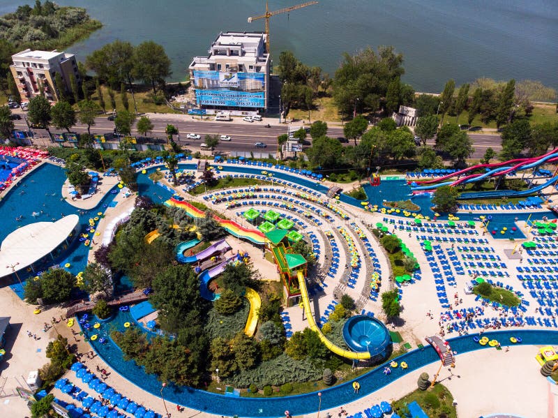 Mamaia, Constanta, Romania - june 17 2019: Aerial view of Aqua magic water park in a popular romanian resort Mamaia