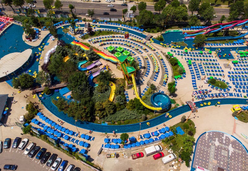 Mamaia, Constanta, Romania - june 17 2019: Aerial view of Aqua magic water park in a popular romanian resort Mamaia