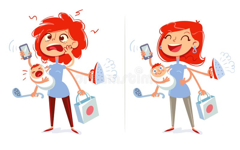 Maman et femme au foyer multitâche Femme fatiguée et gaie illustration stock Maman et femme au foyer multitâche Femme fatiguée et gaie illustration stock