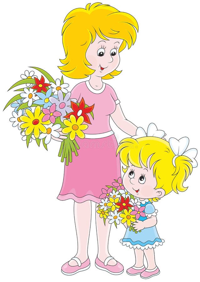 Vector illustration of a little girl and her mum with bouquets of flowers. Vector illustration of a little girl and her mum with bouquets of flowers