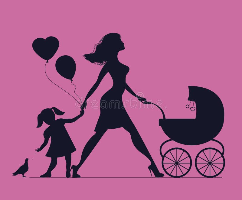 Mamma con il derivato ed il bambino in carrozzina La bambina alimenta la b illustrazione di stock Mamma con il derivato ed il bambino in carrozzina La bambina alimenta la b illustrazione di stock