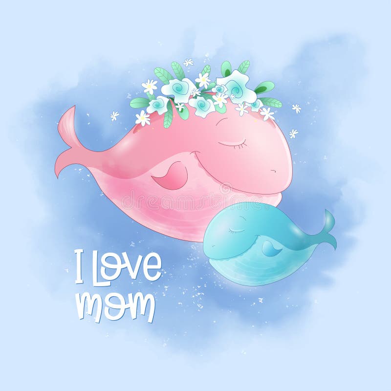 Mamma della balena del fumetto e figlio svegli nel cielo, manifesto della stampa della cartolina per una stanza del bambino s illustrazione di stock Mamma della balena del fumetto e figlio svegli nel cielo, manifesto della stampa della cartolina per una stanza del bambino s illustrazione di stock
